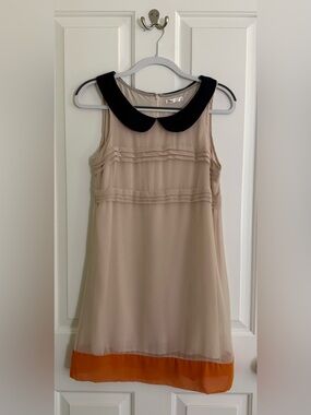 Lavand. Beige Shift Dress with Black Peter Pan Collar and Orange Hem Women's SM